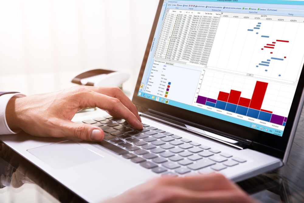 Businessperson Analyzing Gantt Chart On Laptop