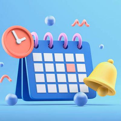 Calendar with clock and notification bell on the blue background