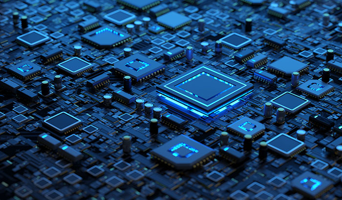 Abstract technology background. Circuit board with a microchips and cyan led backlight.
