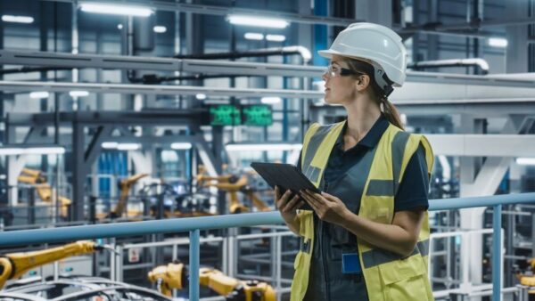 hard hat female factory foreman overlooking automotive manufacturing