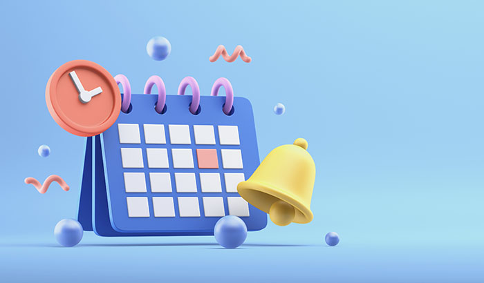 Calendar with clock and notification bell on the blue background