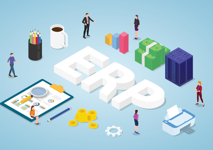 ERP digital background with employees, graphs, cash in background