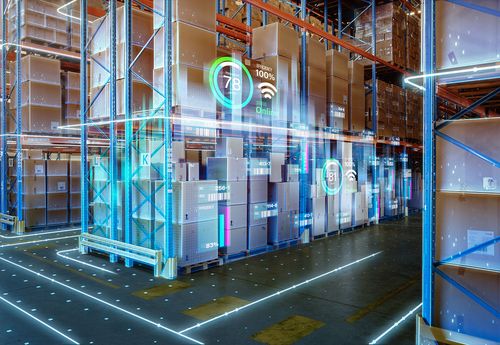warehouse aisles covered in digital data overlay