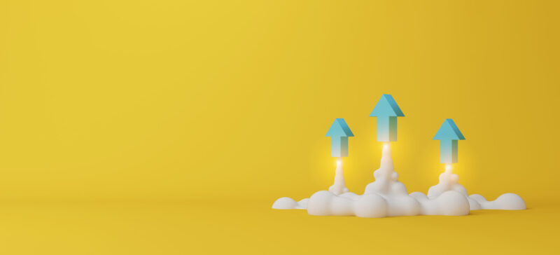 Three arrows soaring on yellow background. Business development to success and growing growth concept. 3d render illustration