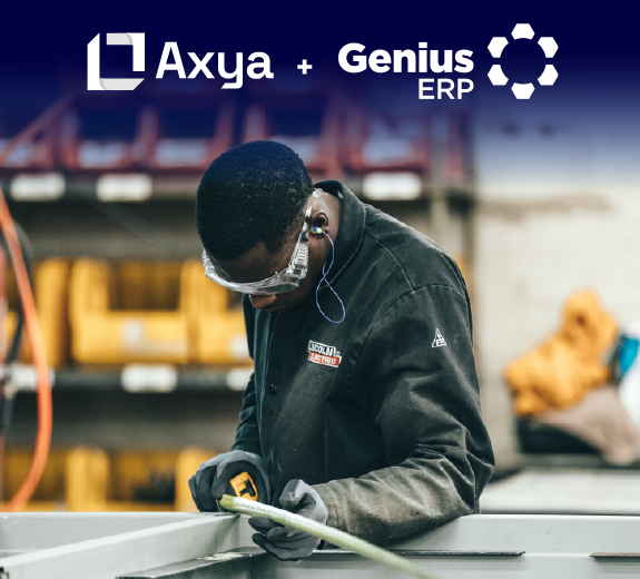 man inspecting piping with Genius ERP and Axya logos