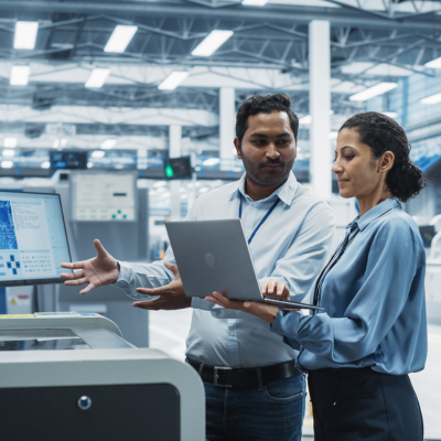 Two manufacters working with laptop